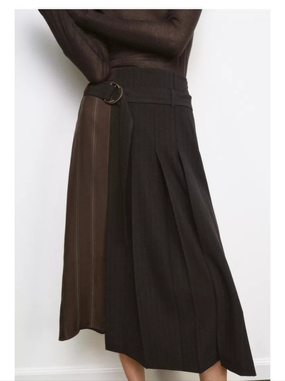 Zara Zw Collec Combination Two-Tone Belted Brown Pleated Midi Skirt Sz-M